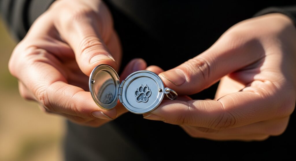 Hand holding pet memorial locket with paw print engraving.)