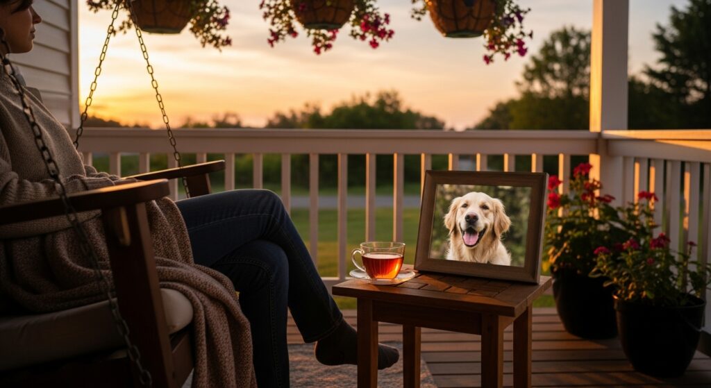 Person reflecting with framed pet photo at sunset.)